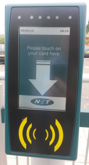 NET stylish MANGO card reader located at every tram stop (usually one at each end of the platform)