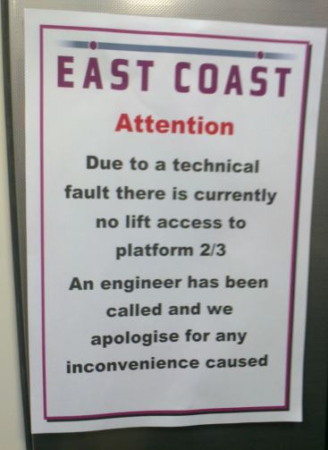 [Peterborough]In Britain there is rarely redundancy to cope with failures or maintenance. Anyone unable to user the stairs has a long walk to the other end of Peterborough station to use the ramps to the other platforms