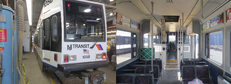 [New York]NJT, like many Asian and European, but not JK light rail systems is increasing capacity by adding a new centre all low floor section. This is the first LRV no 105 to be converted to 3 car photographed  in the depot at Newark nearly ready to go.. The interior is also shown. Interestingly these vehicles are powerful and robust enough to add the extra vehicle without modification to the motors making this approach a. Very cost effective option.  Photos by Ian Brown for Railfuture