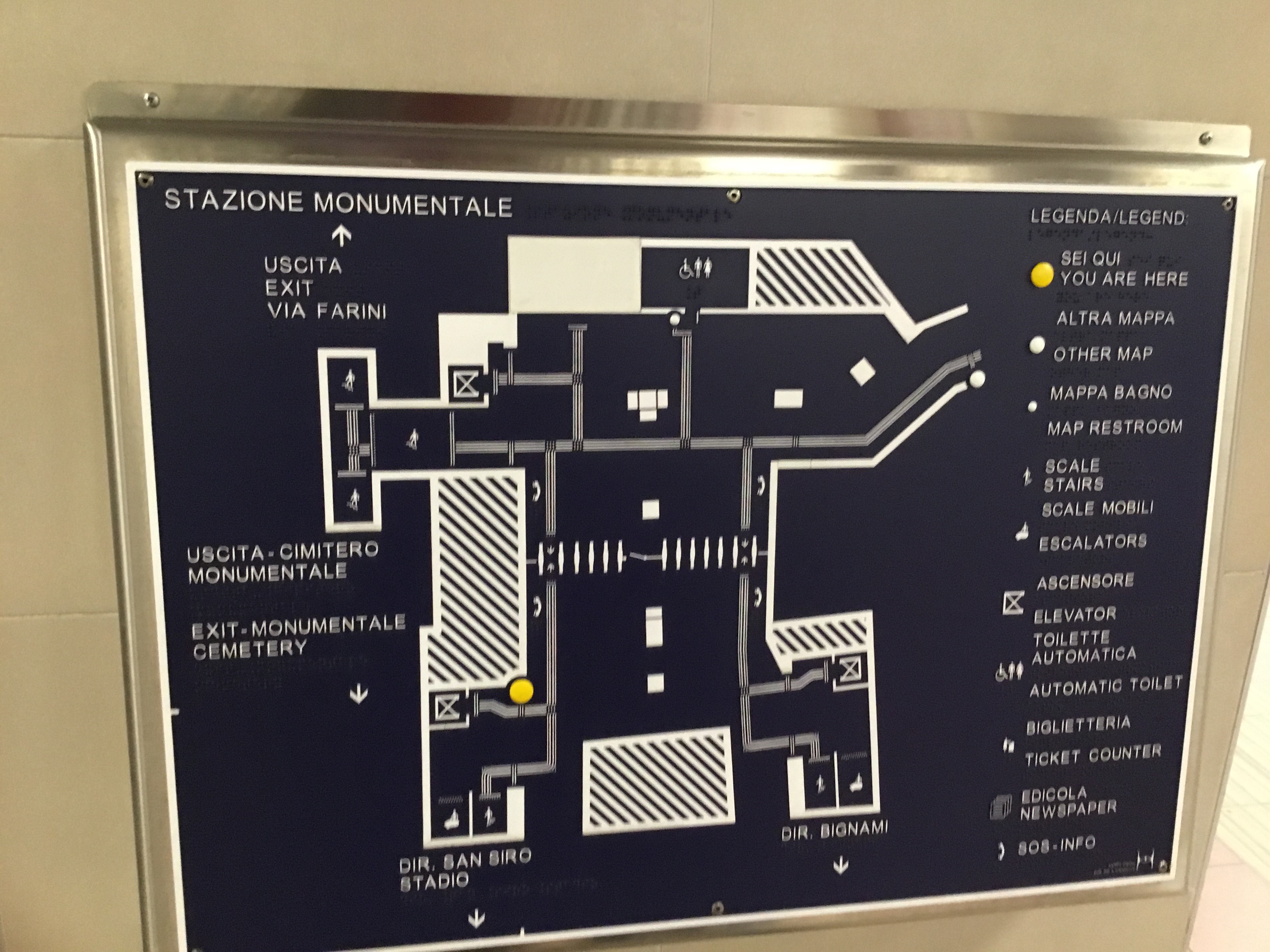 [Milan]Concourse Braille way-finding sign at the Monumentale metreo station in Milan.  Photo by Ian Brown for Railfuture.