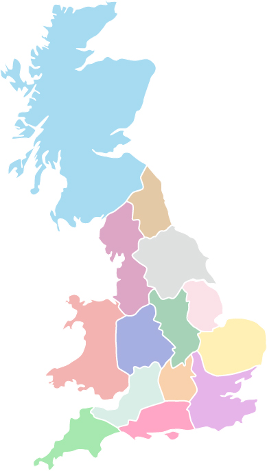Map of Great Britain divided up in to the 12 English and two national Railfuture branches. First used in the Railfuture Annual Review 2017