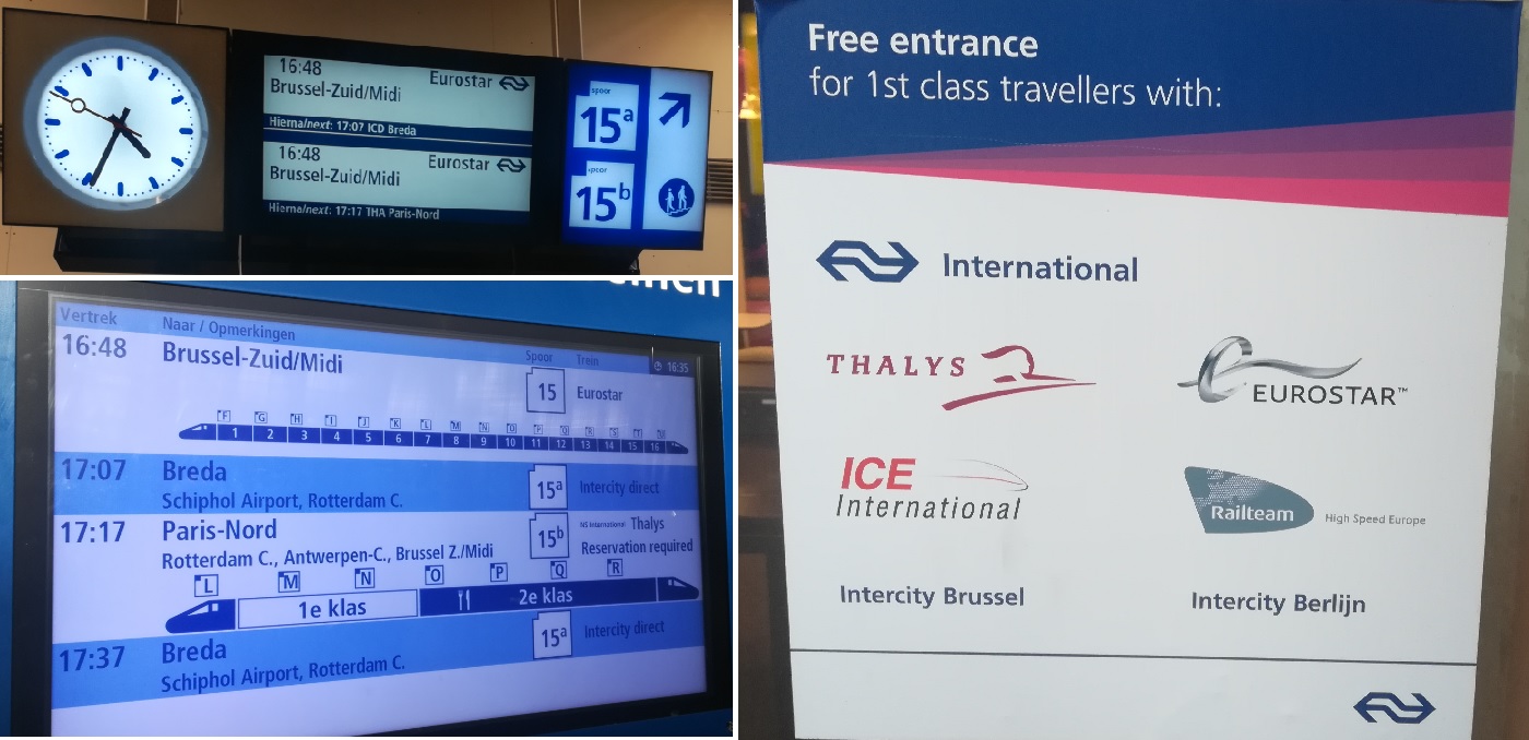 Eurostar trains leave from platform 15 at Amsterdam Centraal station. Electronic display screens show the layout of the train, and some passengers are able to use the Eurostar lounge on the other side of the station