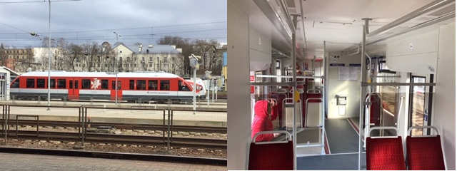 The new Vilnius rail link Pesa rail car, as also supplied to Kiev.  Photo by Ian Brown for Railfuture
Interior of the airport rail car showing provision for luggage and wheelchairs
