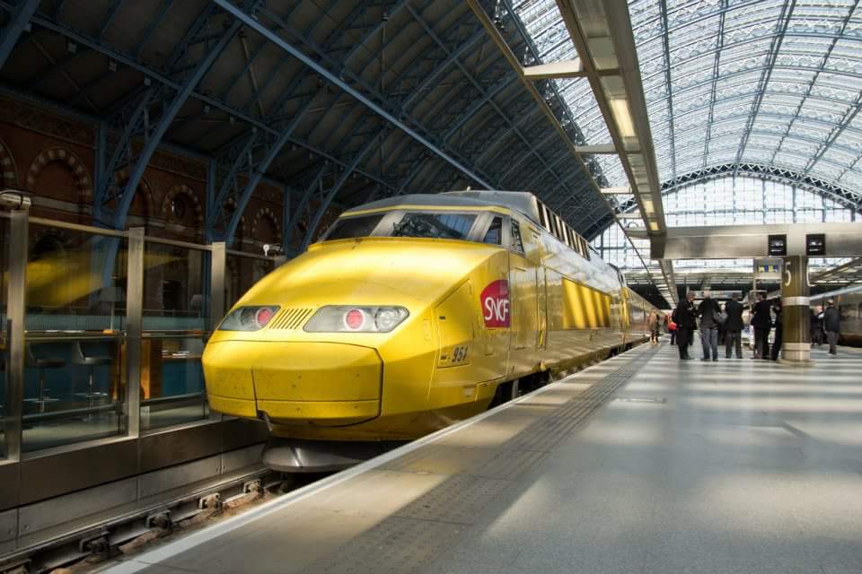 Original classic design SNCF TGV pictured are London St Pancras International in Postal livery. Photo by Ian Brown for Railfuture