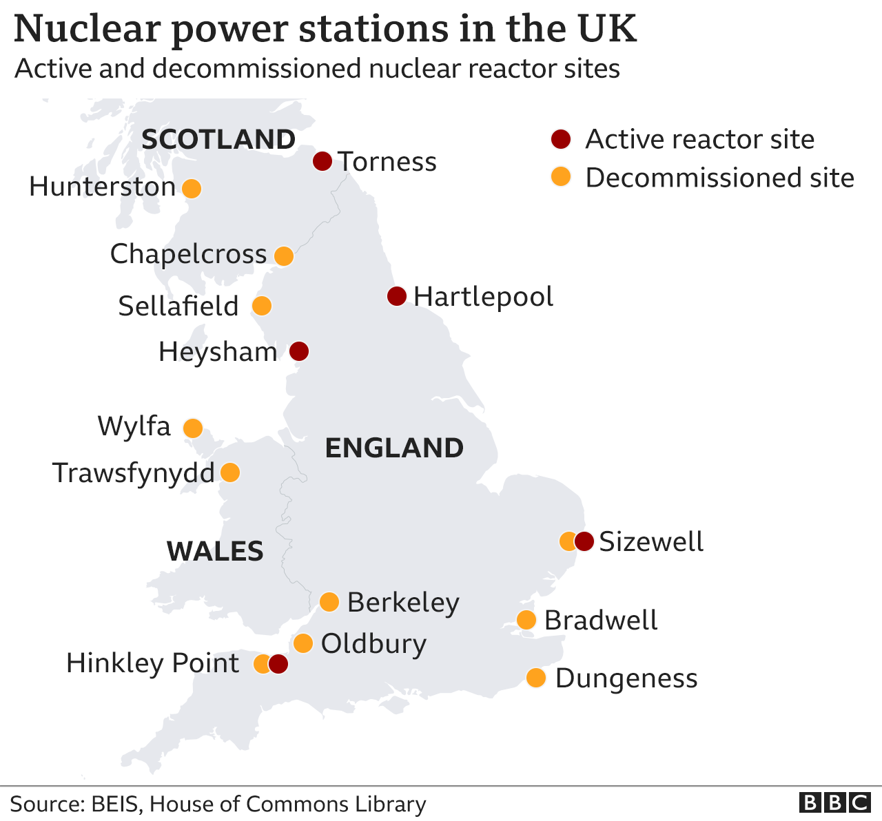 Map of existing and decommissioned sites. Source BBC/HM Government.