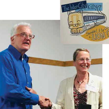 Ariadne Tampion, then chair of East Midlands branch, presented by Christian Wolmar in 2019 for the 'InterCity Kitty' campaign for improved Derby - Crewe services. Photo by Peter Travis.