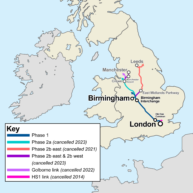 High Speed 2 with cancellation dates - only Phase 1 is being constructed. Image by Cnbrb from Wikipedia - Own work, CC BY-SA 4.0, https://commons.wikimedia.org/w/index.php?curid=138613576