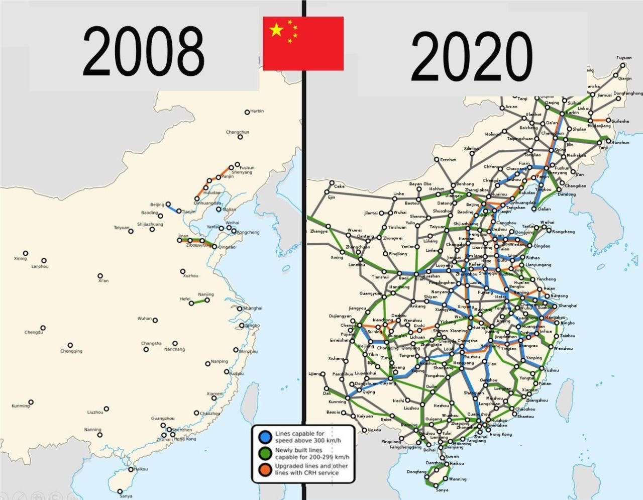 Map of Chinese high speed railways 2008-2020. Image from Facebook by multiple sources.