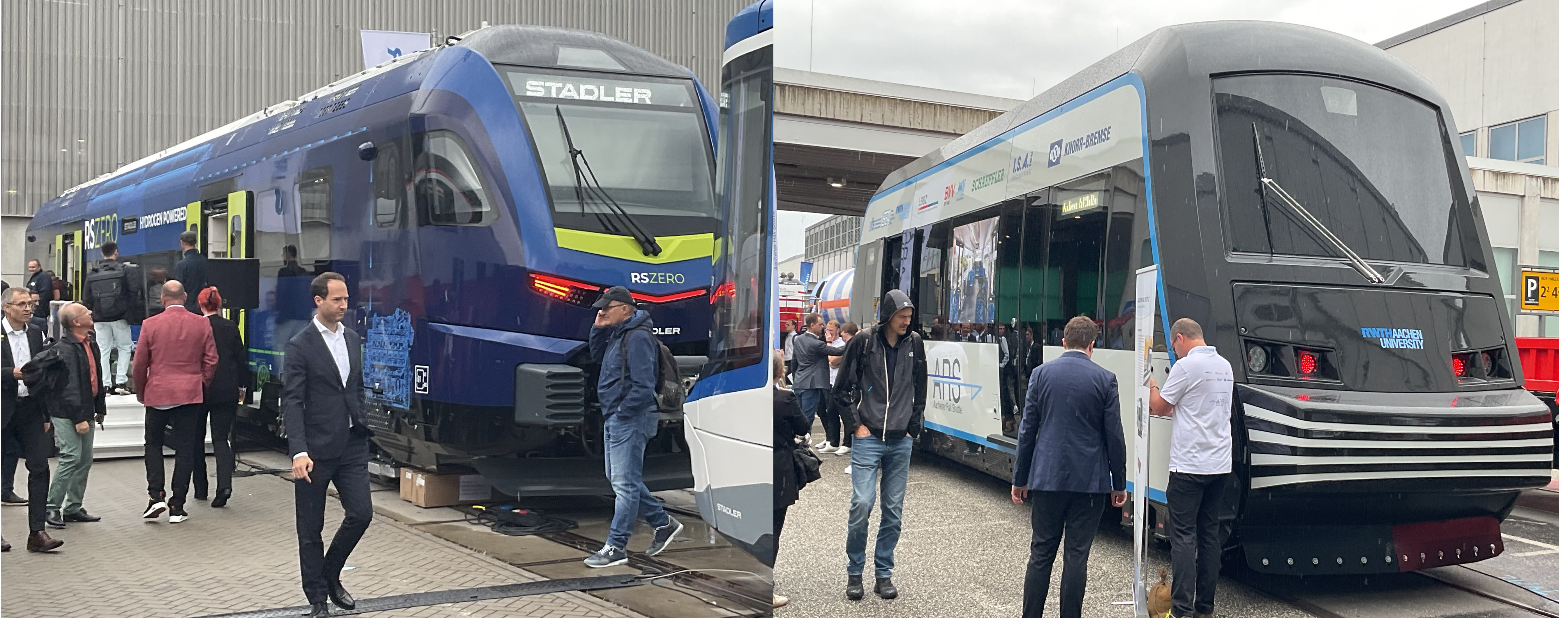 Stadler single car zero emission hydrogen regional shuttle (left) and The Institute for Rail Vehicles and Transport Systems (IFS)/ Aachen University –Aachen battery powered light Rail Shuttle (right). Photos by author.