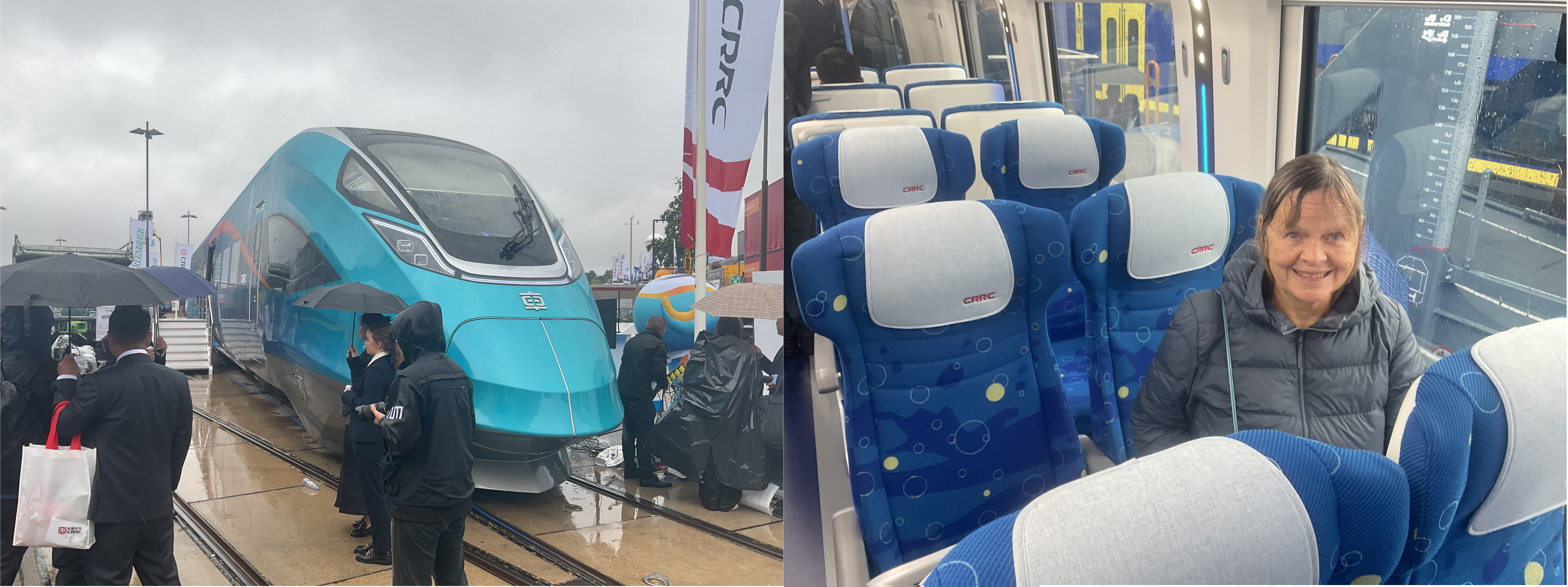 The unveiling of the CINOVA H2 at Innotrans.  Slightly delayed by the covering sticking to the train in the rain! (left) and my wife Anna was the first non Chinese delegate to sample the interior of the new train after the unveiling! (right). Photos by author.