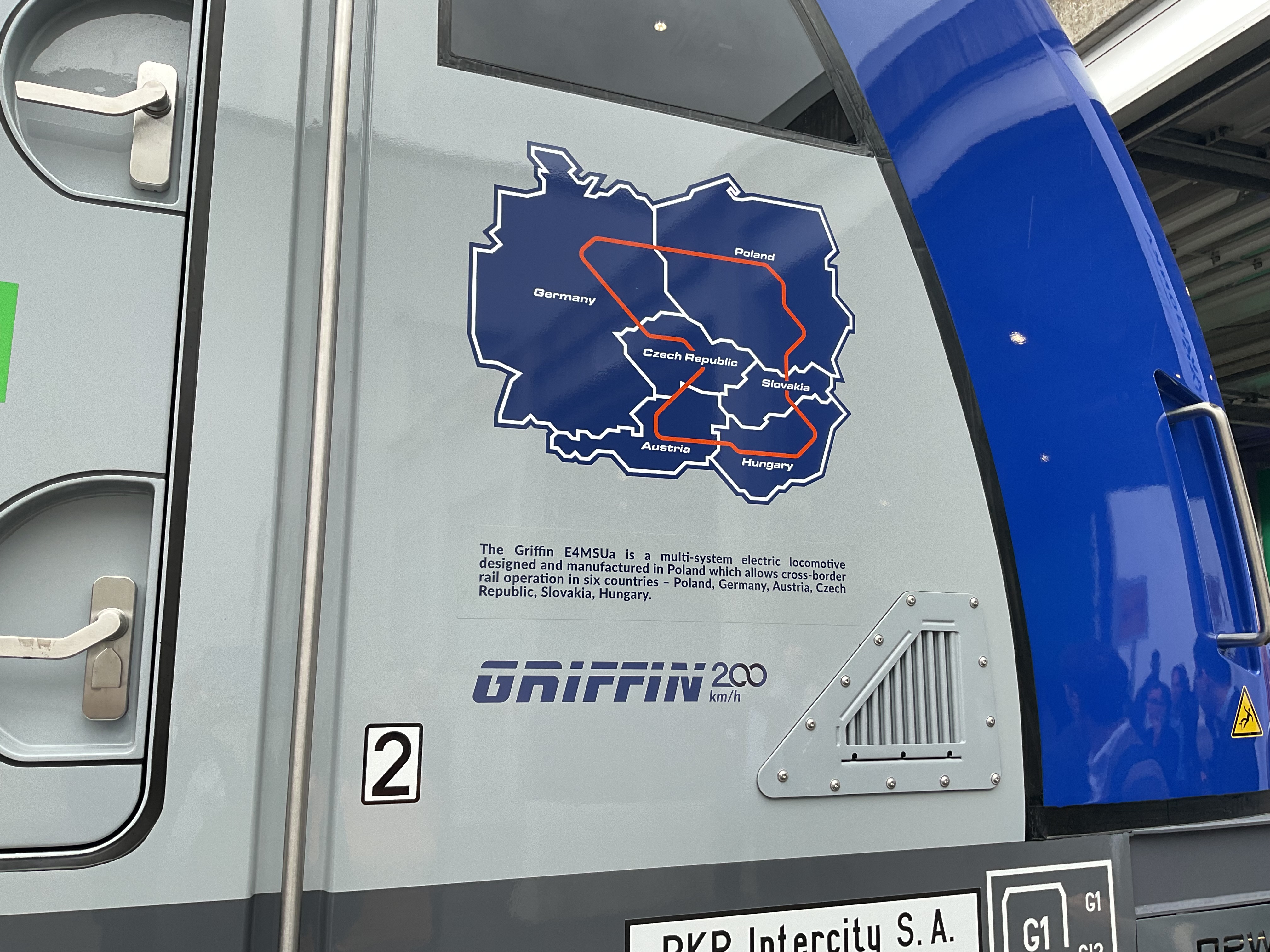Polish Railway’s (PKP) new Griffin locomotive showing plan of where it can go. (Passenger version). Photo by author.