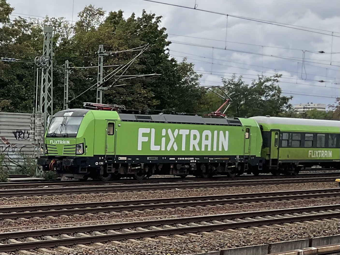 Flixtrain with their own modern electric locomotives and repainted very smart looking ex DB coaches . Photo by author.