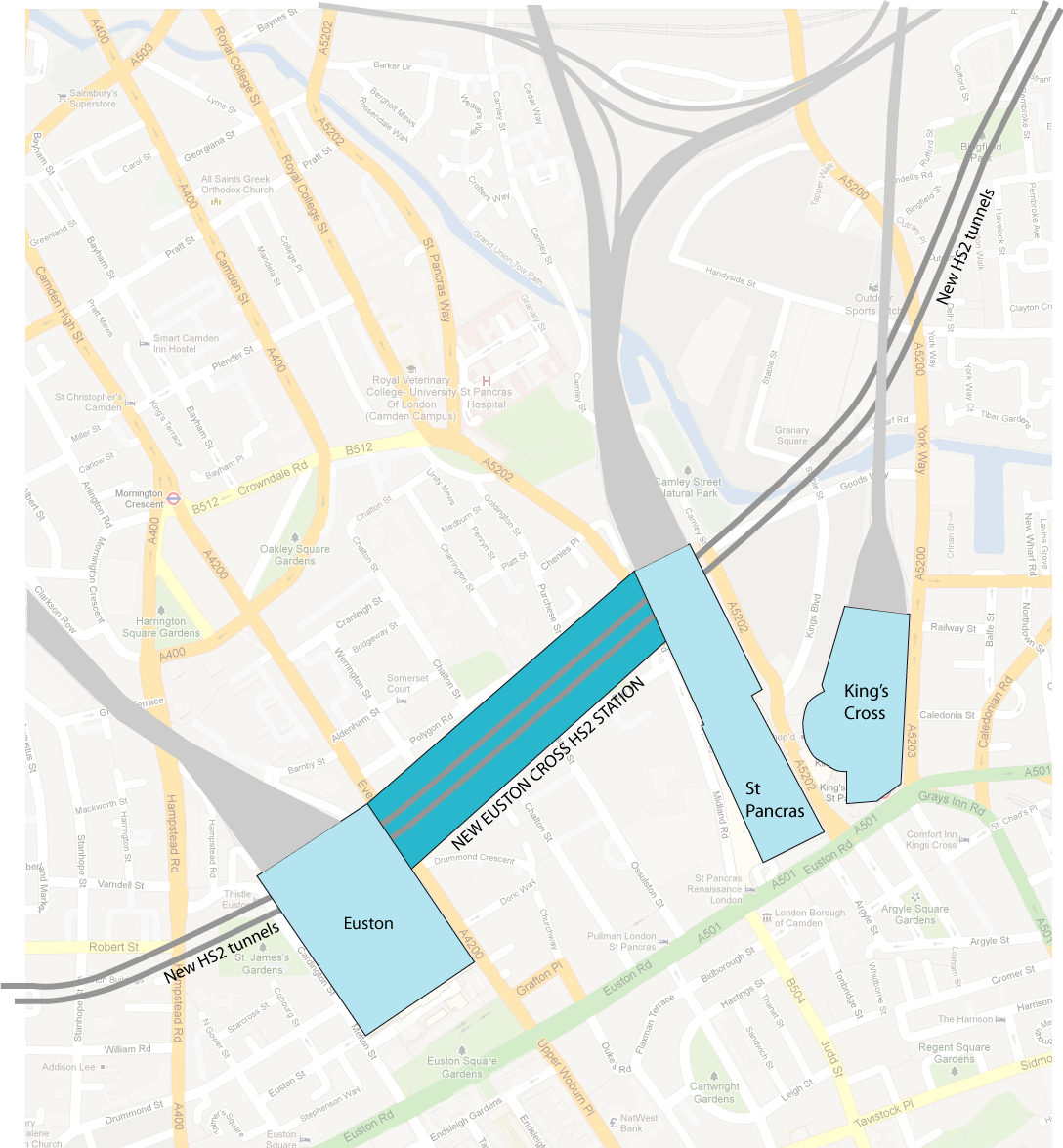 Rather than re-build Euston station for new HS2 terminus platforms two peers including Railfuture Vice President Lord Berkeley proposed brand new Euston Cross through station below ground between Euston and King's Cross stations allowing quick interchange and providing efficient link between HS1 and HS2